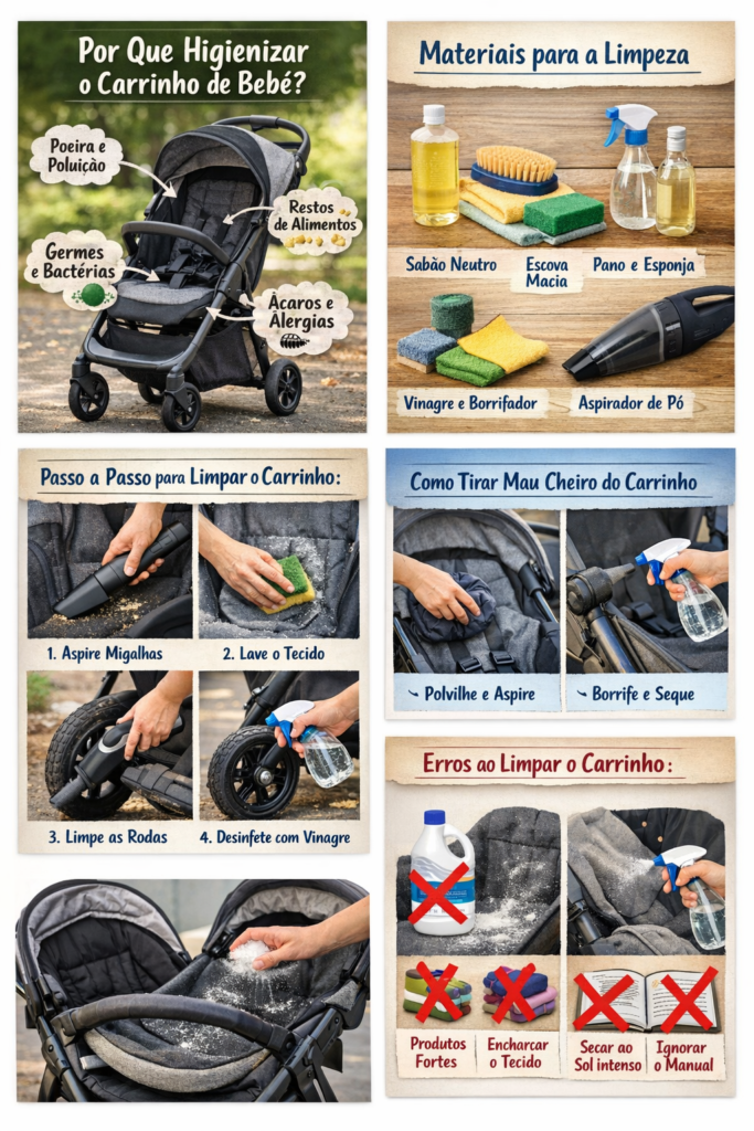 Foto de etapas da limpeza de carrinho de bebê